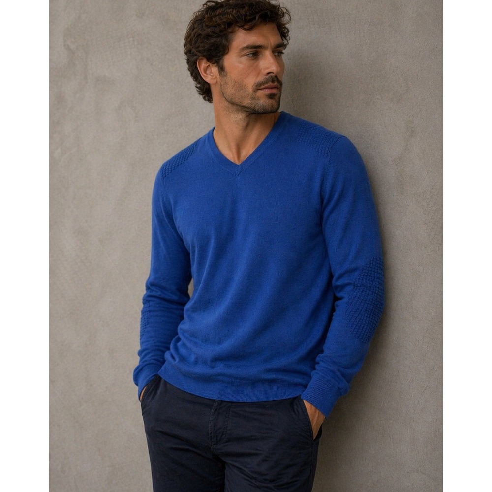 Ted Baker Sweater Mens Large Blue Wool Blend V Neck Ribbed Textured